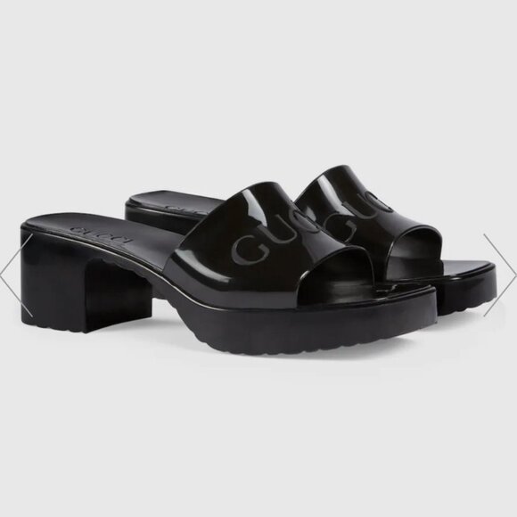 NEW GUCCI BLACK Rubber Logo Platform Block Heel Slide Sandals Size 41 EU - Picture 1 of 7